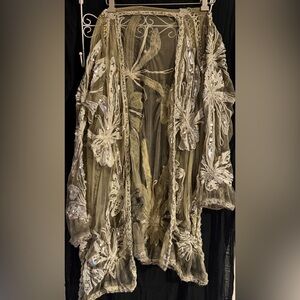 Sequin Knit Mesh Olive Green Embellished Kimono Shawl Cardigan Overthrow